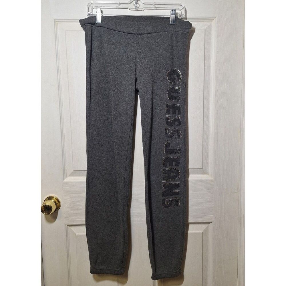 Guess Vintage Y2K Grey Wide Leg Jogger Sweatpants Rhinestone Spell Out Size XS